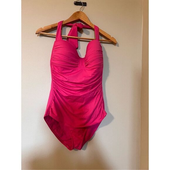 Tommy Bahama Size 12 Sweetheart Neck One Piece Swimsuit Hot Pink Halter Push Up - Picture 4 of 10